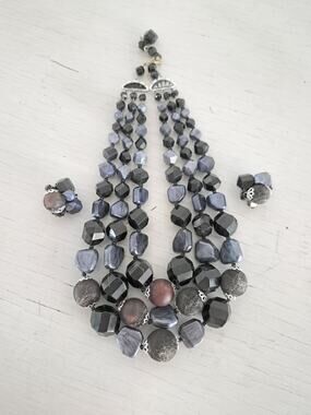 Vintage Germany Black Acrylic Beaded Multistrand Choker Necklace and Earring Set